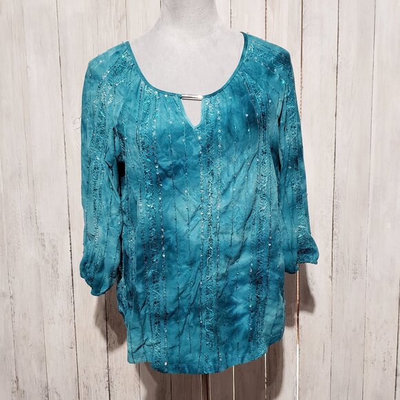 JM Collection PL LP Top Blouse Teal Blue Green Sequin Lace Trim 3/4 Sleeve Knit - Picture 1 of 6